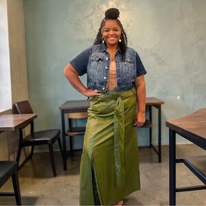 Plus Size Faux Leather Olive Green Maxi Skirt 3X